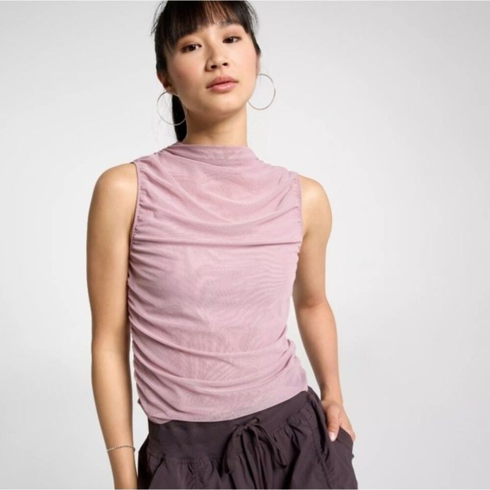Calia Ruched Mock Neck Tank Women’s M Berry Pink Sheer Sleeveless NWT